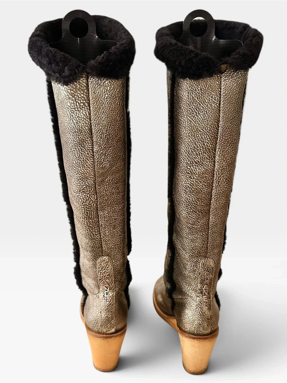 Chanel Karl Lagerfeld Rare Distressed Metallic Sheepskin Shearling Wedge Boot 40